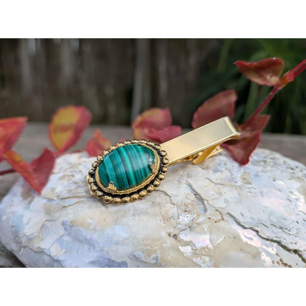 Vintage Malachite Cabachon Tie Bar, Mens Dressware Accessories